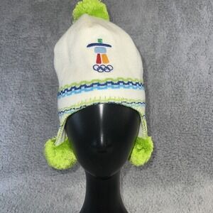 Kootenay Knit Hat Pom Pom White/Neon Vancouver 2010 Winter Olympics Earflaps‎
